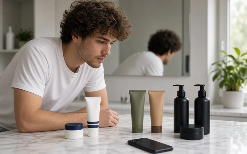 Gen Z man comparing Nivea Men style drugstore cream with Bulldog style natural tubes and Lumin style premium black bottles
